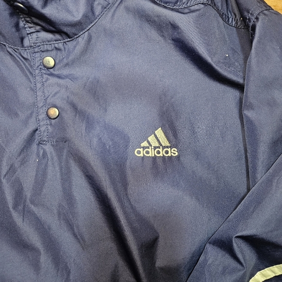 Adidas Mens Large Snap Pullover Windbreaker Jacket Navy Blue 3-Stripes Retro - Picture 2 of 7
